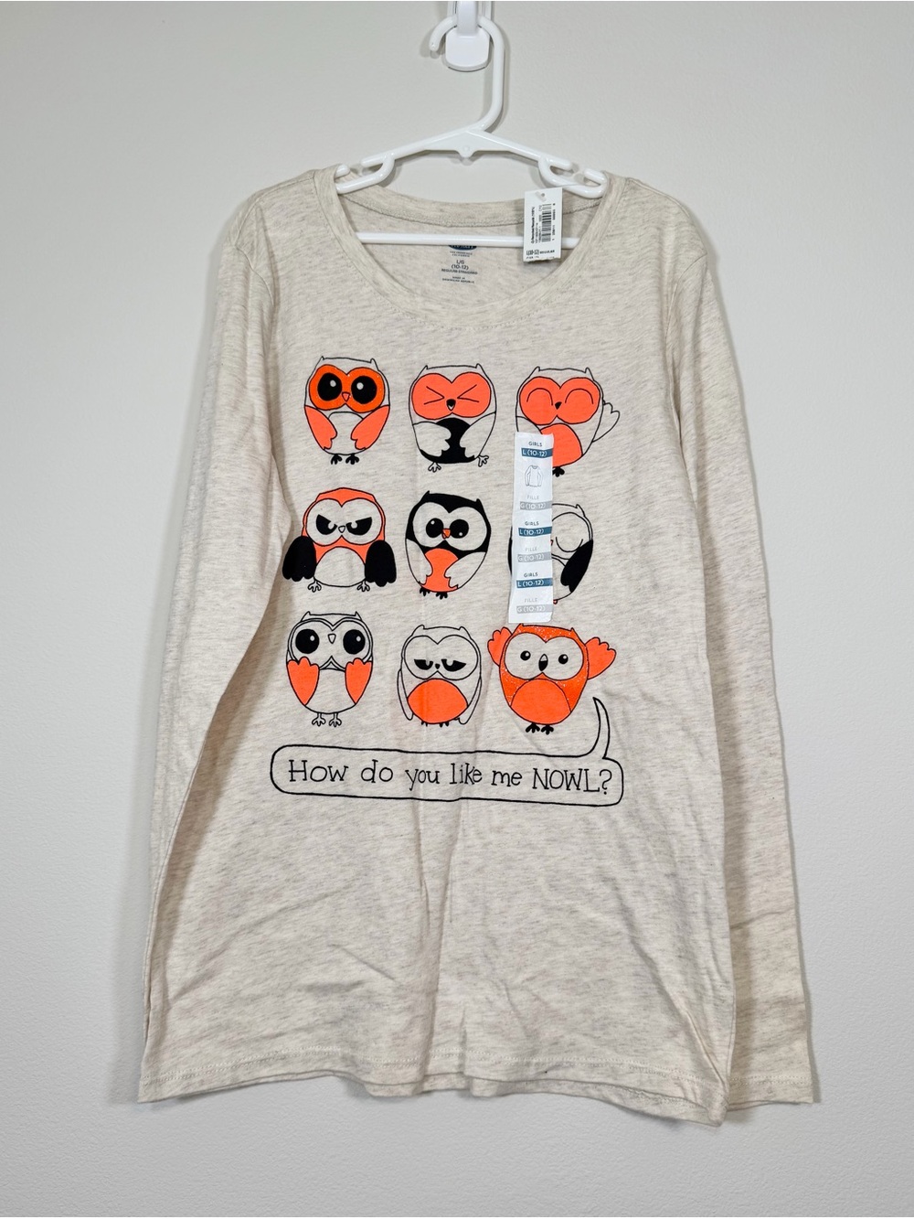 NWT Old Navy Shirt Long-Sleeve Tee Tan Cream Orange Black Owl Graphic Kid Girl L